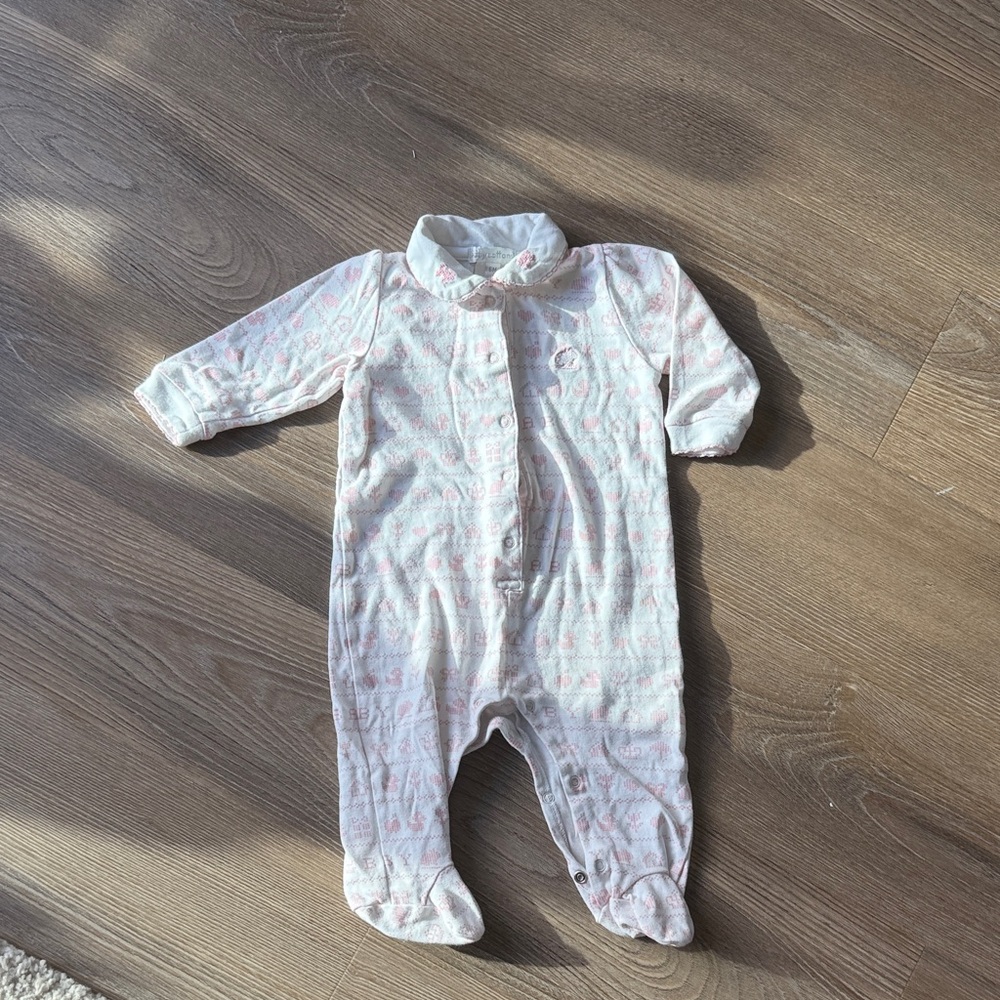 Babycottons baby girl pink print bow embroidered footie- size 6 months
